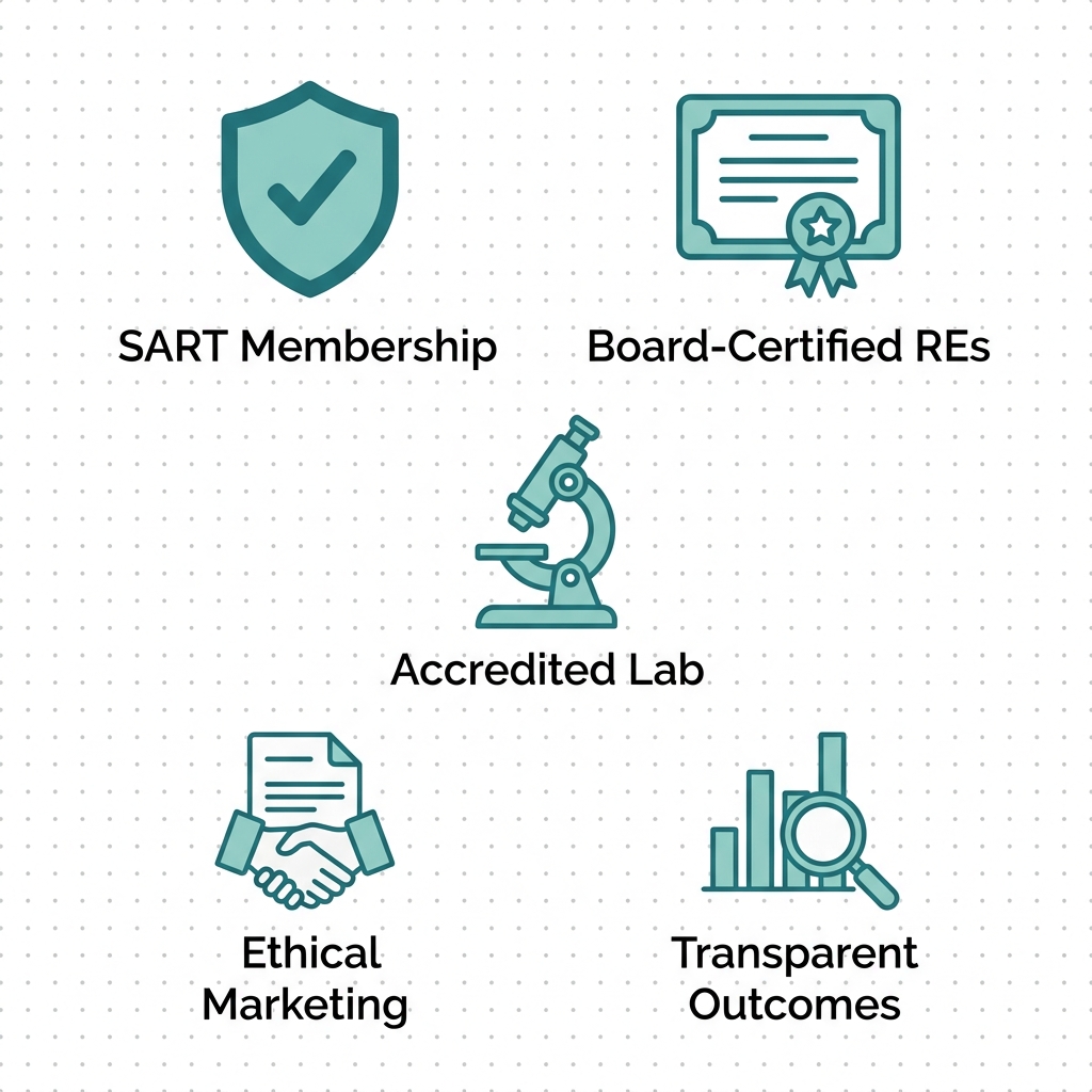 Icon set showing five fertility clinic credential verification icons: SART Membership, Board-Certified REs, Accredited Lab, Ethical Marketing, Transparent Outcomes.