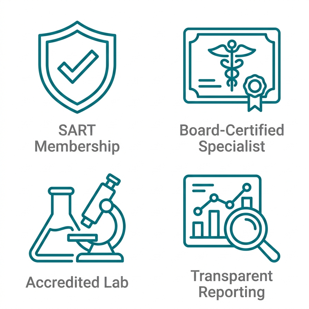A set of four outline icons in teal on a white background representing SART Membership, Board-Certified Specialist, Accredited Lab, and Transparent Reporting, each with a gray label.