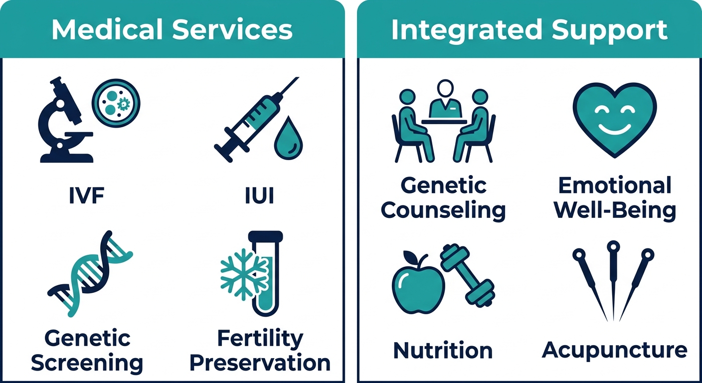 Infographic comparing Medical Services (IVF, IUI, Genetic Screening, Fertility Preservation) and Integrated Support (Genetic Counseling, Emotional Well-Being, Nutrition, Acupuncture) with icons in teal and navy.