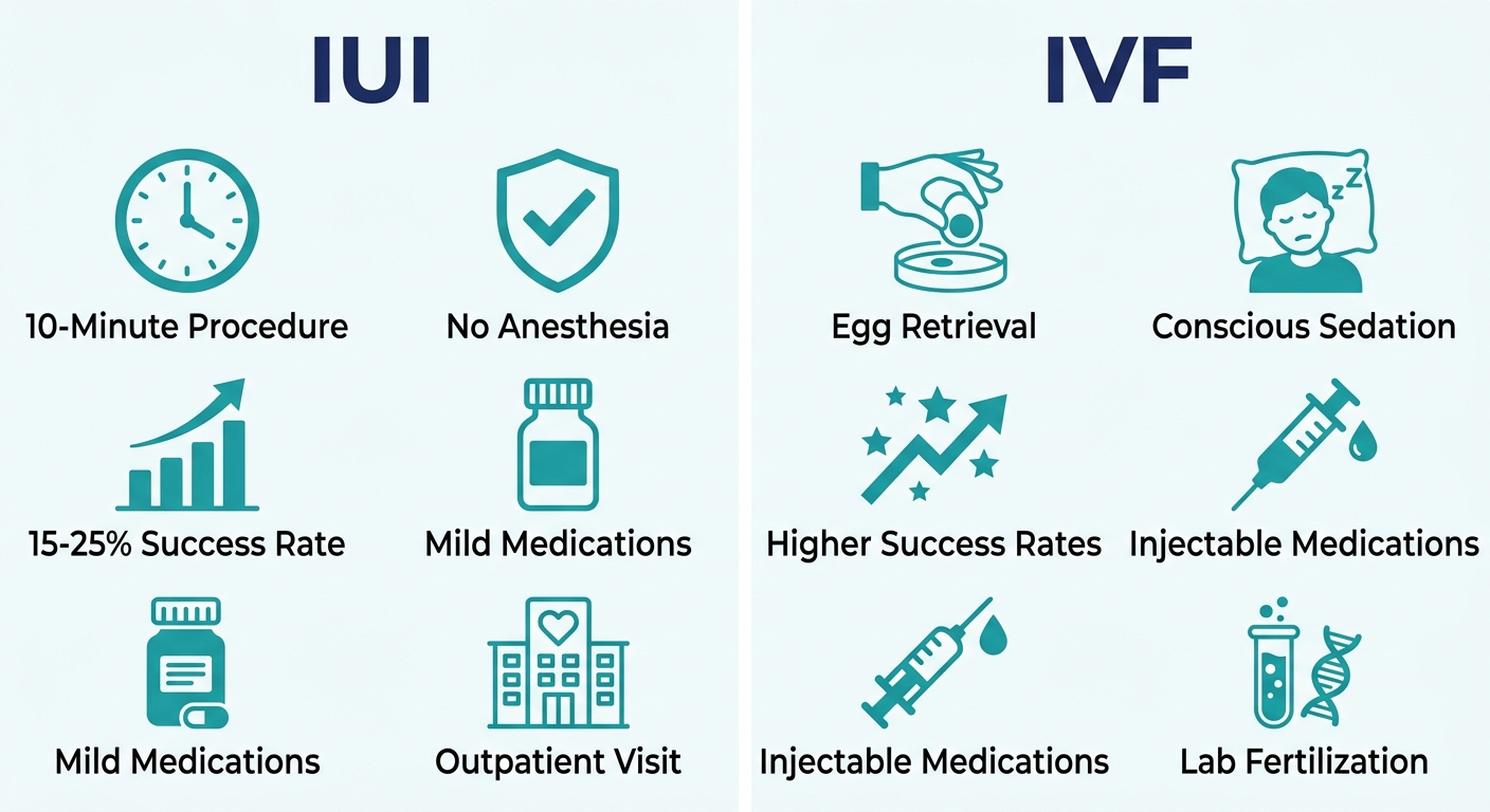 Side-by-side infographic comparing IUI and IVF procedures with icons and labels