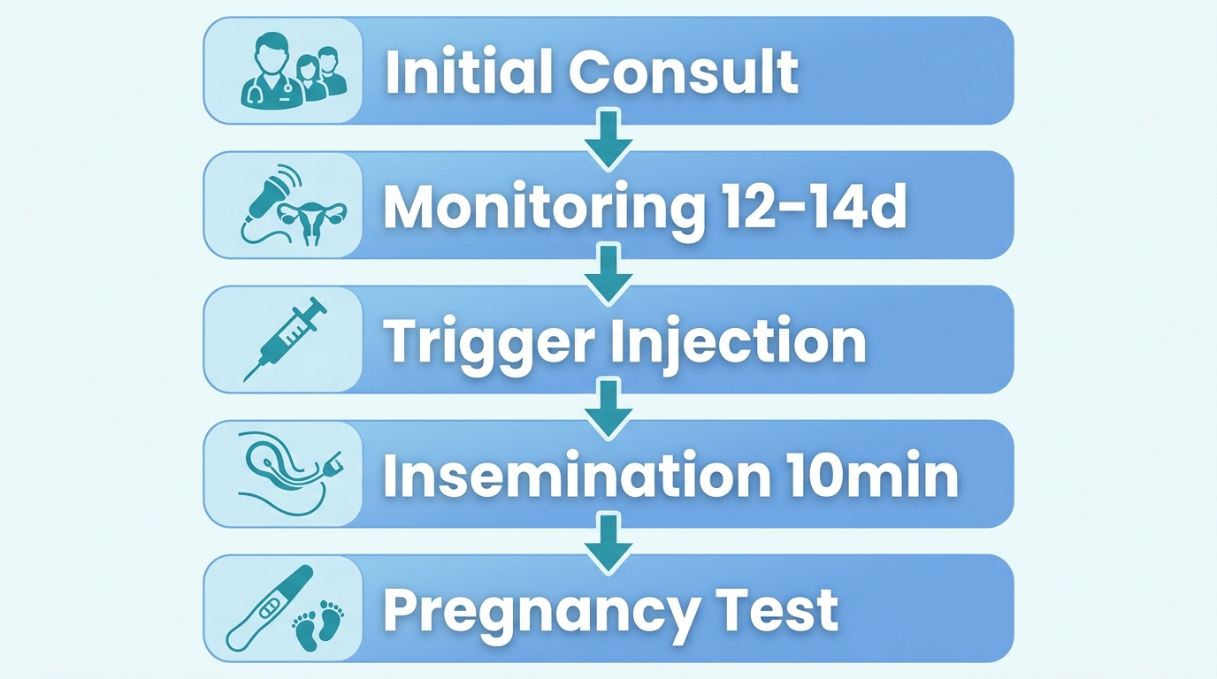 Vertical five-step IUI cycle process flow with stages: Initial Consultation, Monitoring (12-14 days), Trigger Injection, Insemination (10-minute procedure), and Pregnancy Test. Each step is in a soft blue gradient rounded rectangle with a teal icon to the left and a white bold label, connected by downward arrows.
