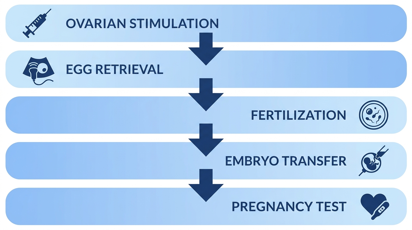 Vertical process flow diagram of IVF cycle with five stages: Ovarian Stimulation, Egg Retrieval, Fertilization, Embryo Transfer, and Pregnancy Test, linked by downward arrows with medical icons.