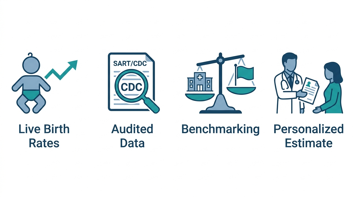 Infographic showing four key factors for evaluating fertility clinic transparency: Live Birth Rates, Audited Data, Benchmarking, and Personalized Estimate, each with a corresponding icon
