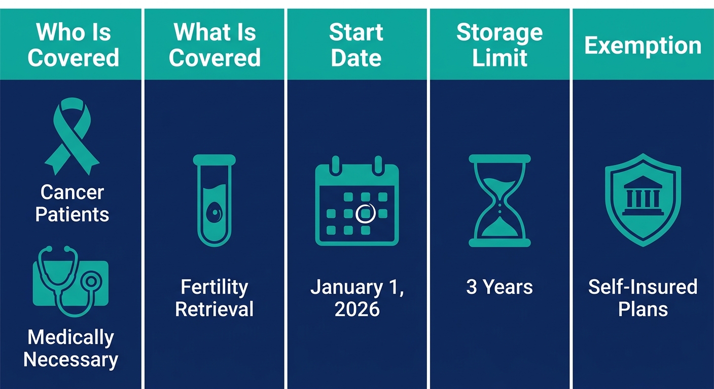Infographic illustrating Florida fertility preservation coverage for cancer patients starting January 1, 2026, with five columns: Who Is Covered, What Is Covered, Start Date, Storage Limit, and Exemption.