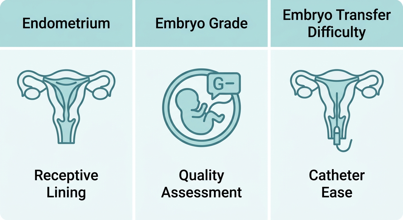 Infographic showing the Three E's of IVF success: Endometrium with Receptive Lining, Embryo Grade with Quality Assessment, and Embryo Transfer Difficulty with Catheter Ease icons.