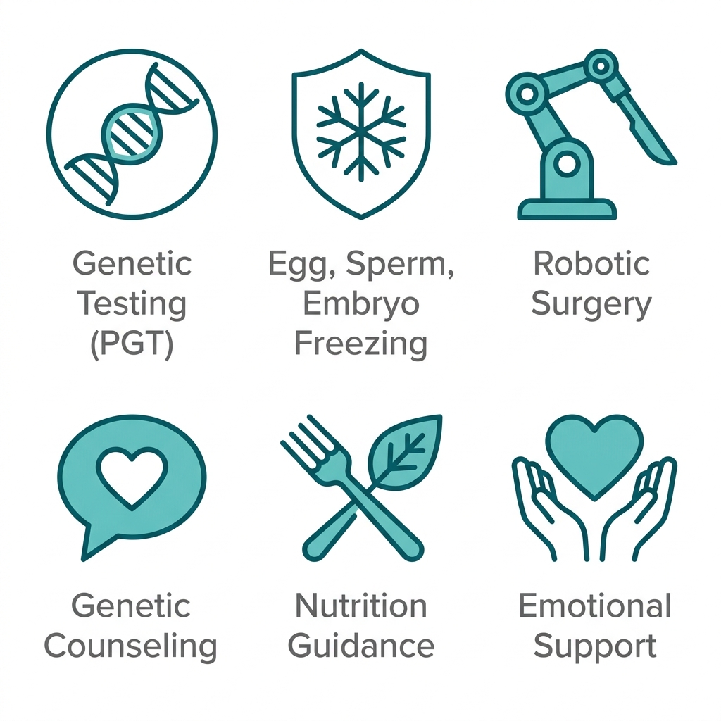 Outline icons representing key fertility services: genetic testing, egg/sperm/embryo freezing, robotic surgery, genetic counseling, nutrition guidance, and emotional support.