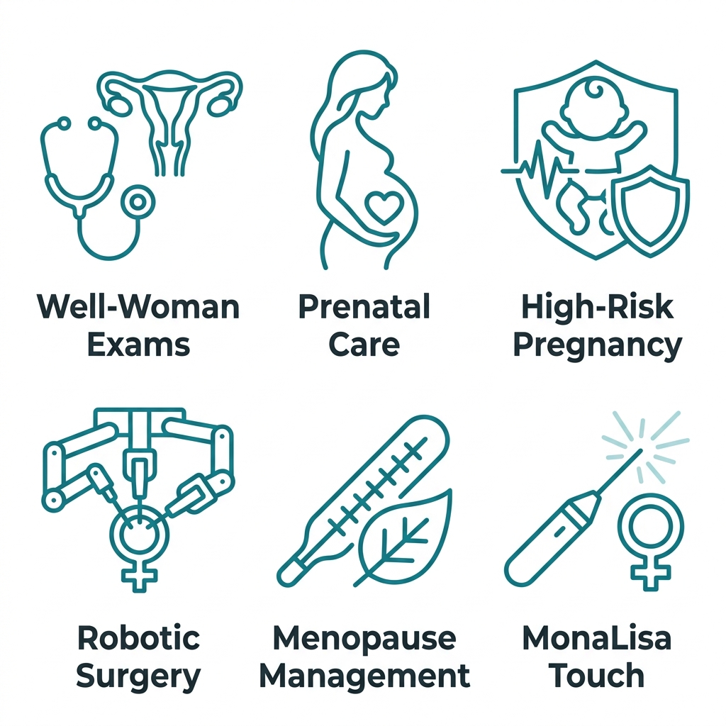 Icon set of six comprehensive OB/GYN services: Well-Woman Exams, Prenatal Care, High-Risk Pregnancy, Robotic Surgery, Menopause Management, and MonaLisa Touch, each represented by a clean icon.