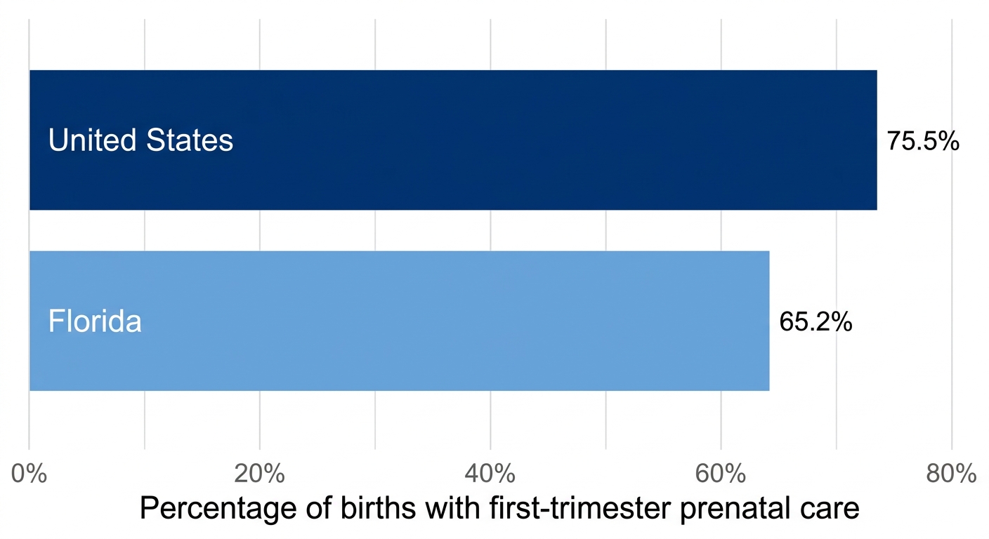 Horizontal bar chart showing US first-trimester prenatal care rate 75.5% vs Florida 65.2%