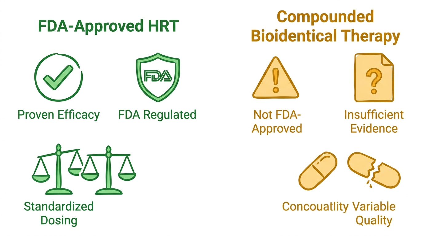 Infographic comparing FDA-approved HRT with compounded bioidentical therapy. Left column green with checkmarks for proven efficacy, FDA regulation, standardized dosing. Right column amber with caution symbols for not FDA-approved, insufficient evidence, variable quality.
