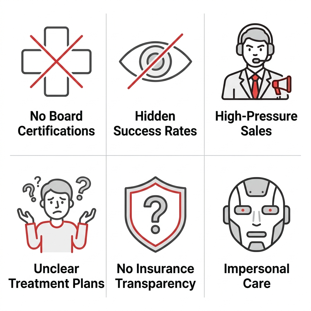 Icon set showing six warning signs for fertility clinic selection: No Board Certifications, Hidden Success Rates, High-Pressure Sales, Unclear Treatment Plans, No Insurance Transparency, Impersonal Care.