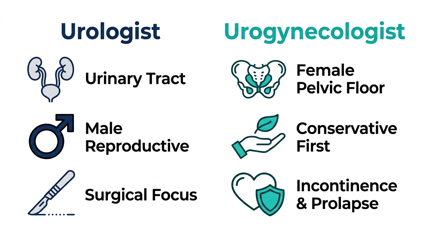 Infographic comparing Urologist and Urogynecologist with two columns, each showing three outlined icons and labels without any title.