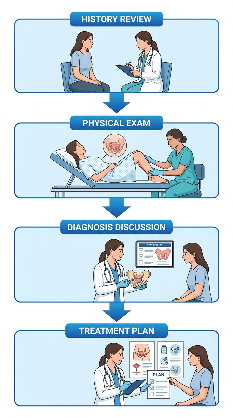 Vertical process flow diagram of a first urogynecology visit with four stages: Medical History Review, Physical Exam, Diagnosis Discussion, and Treatment Plan, connected by downward arrows.