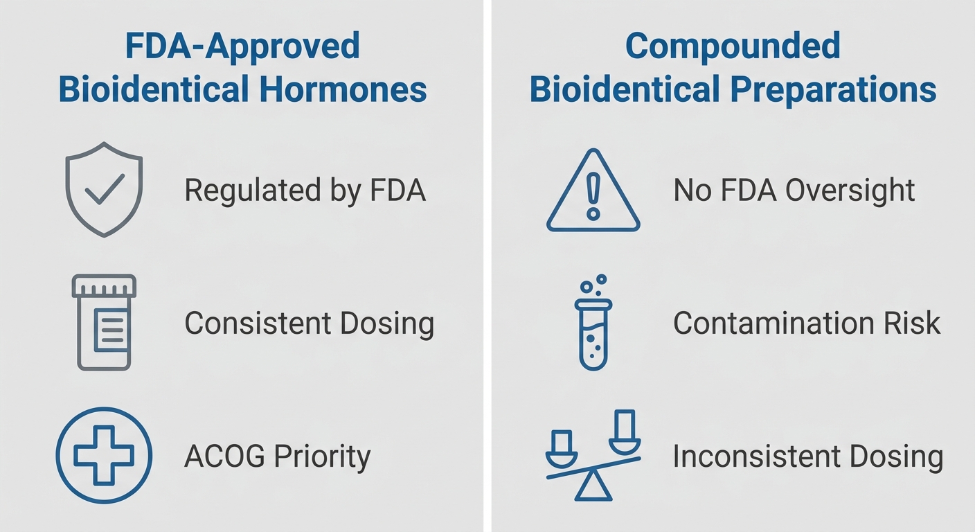Infographic comparing FDA-approved bioidentical hormones versus compounded bioidentical preparations with safety and regulation information.