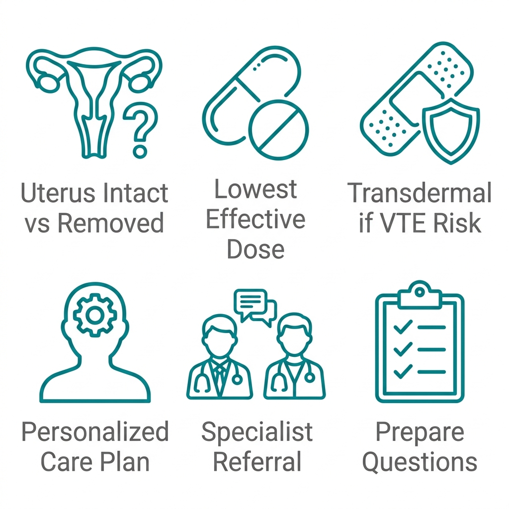 Six essential questions for hormone therapy consultation with teal line-art icons and gray labels on white