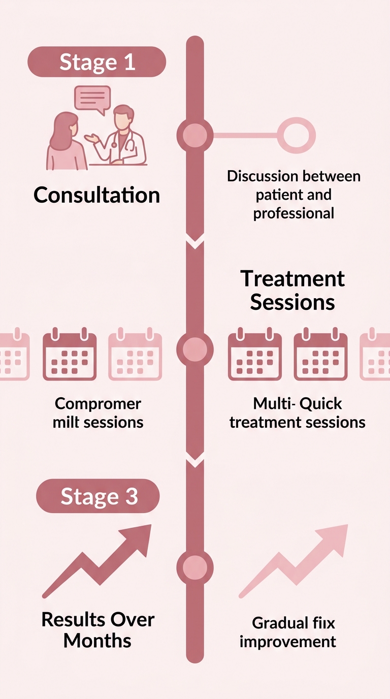 Vertical timeline of vaginal rejuvenation journey from consultation to results with soft pink theme