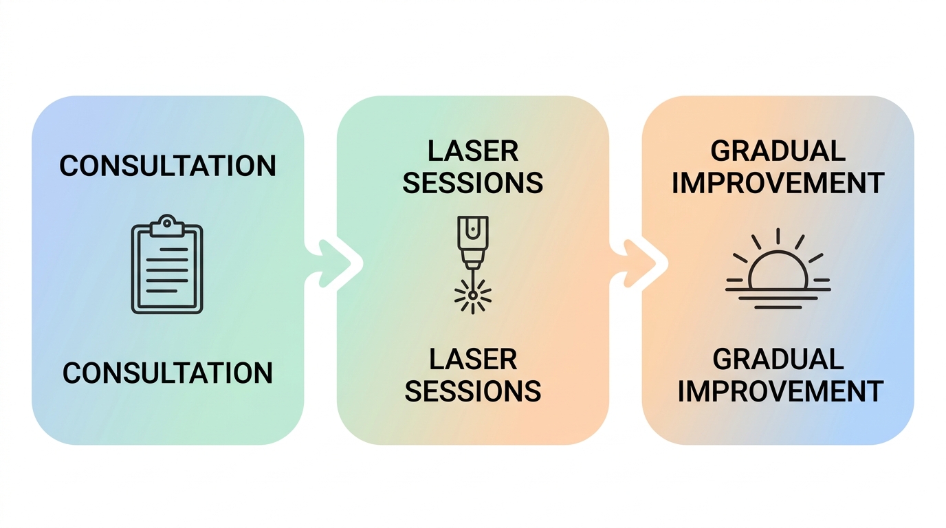Horizontal process flow diagram for MonaLisa Touch laser treatment showing three stages: initial consultation, laser sessions, and gradual improvement, with pastel colored rounded rectangles and icons.