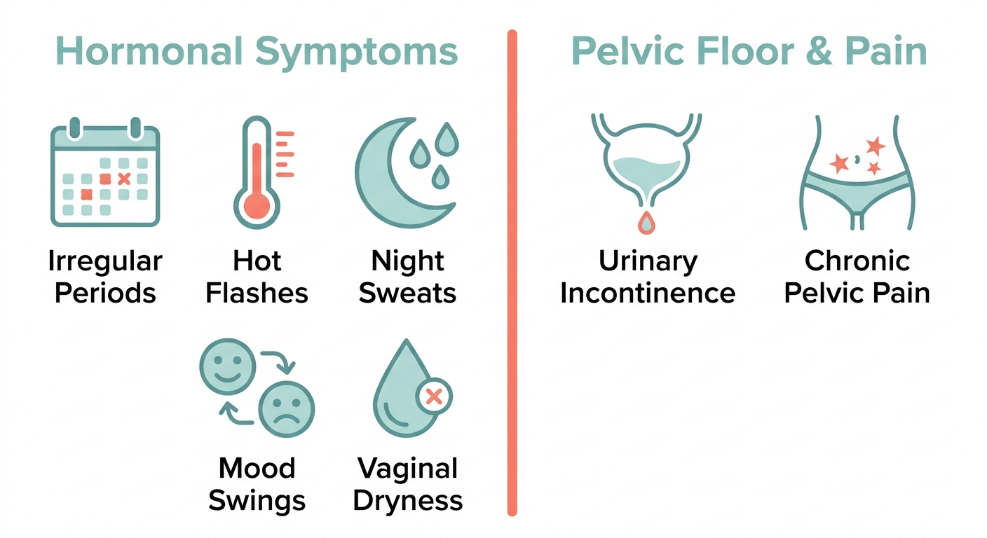 Infographic comparing hormonal symptoms on the left and pelvic floor and pain symptoms on the right, each with icons and labels.