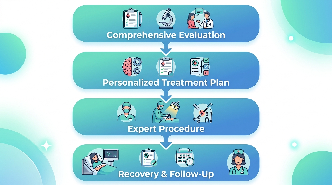 Vertical flowchart of four steps in OBGYN patient care: comprehensive evaluation, personalized treatment plan, expert procedure, recovery and follow-up.