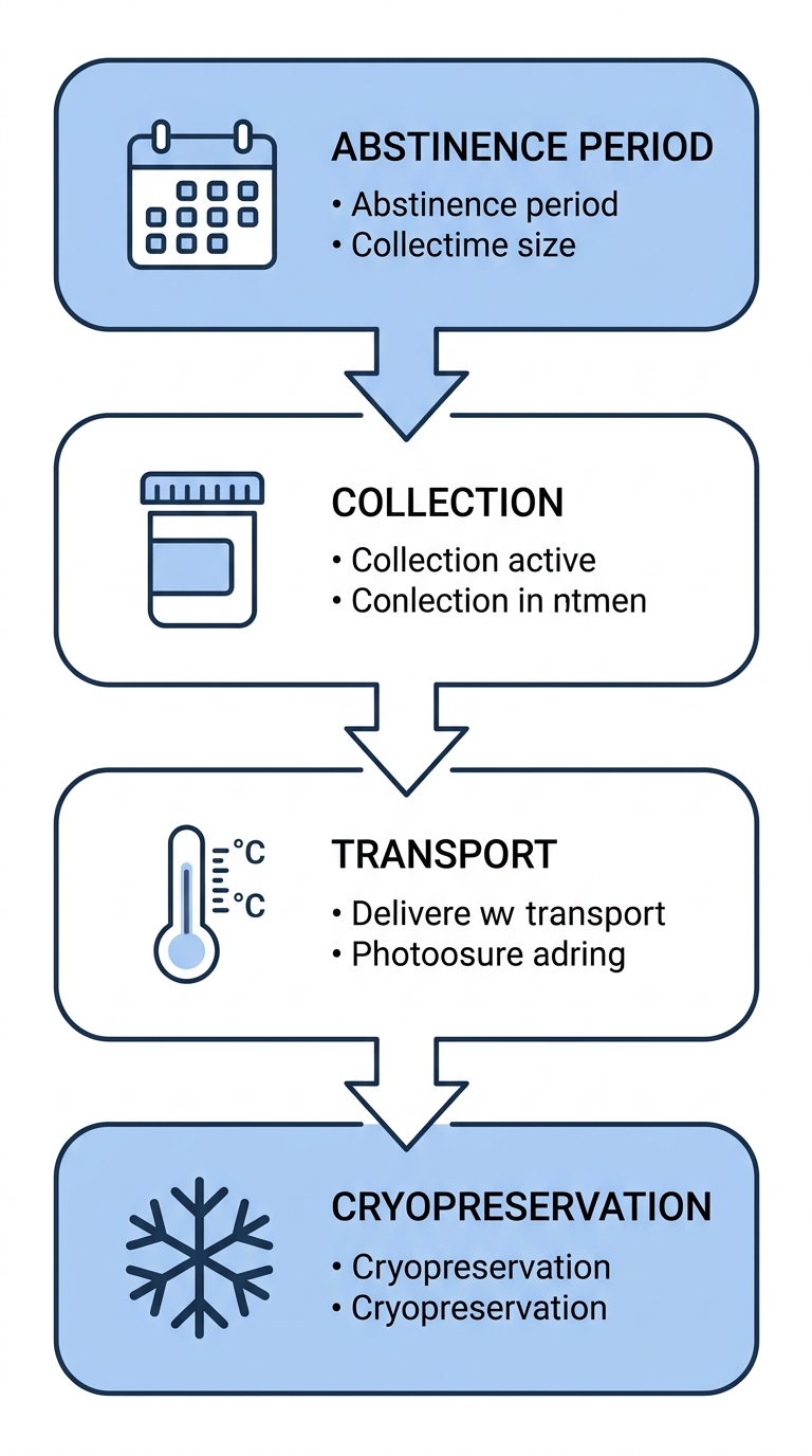 Vertical process flow for semen collection: four steps from Abstinence Period through Cryopreservation.
