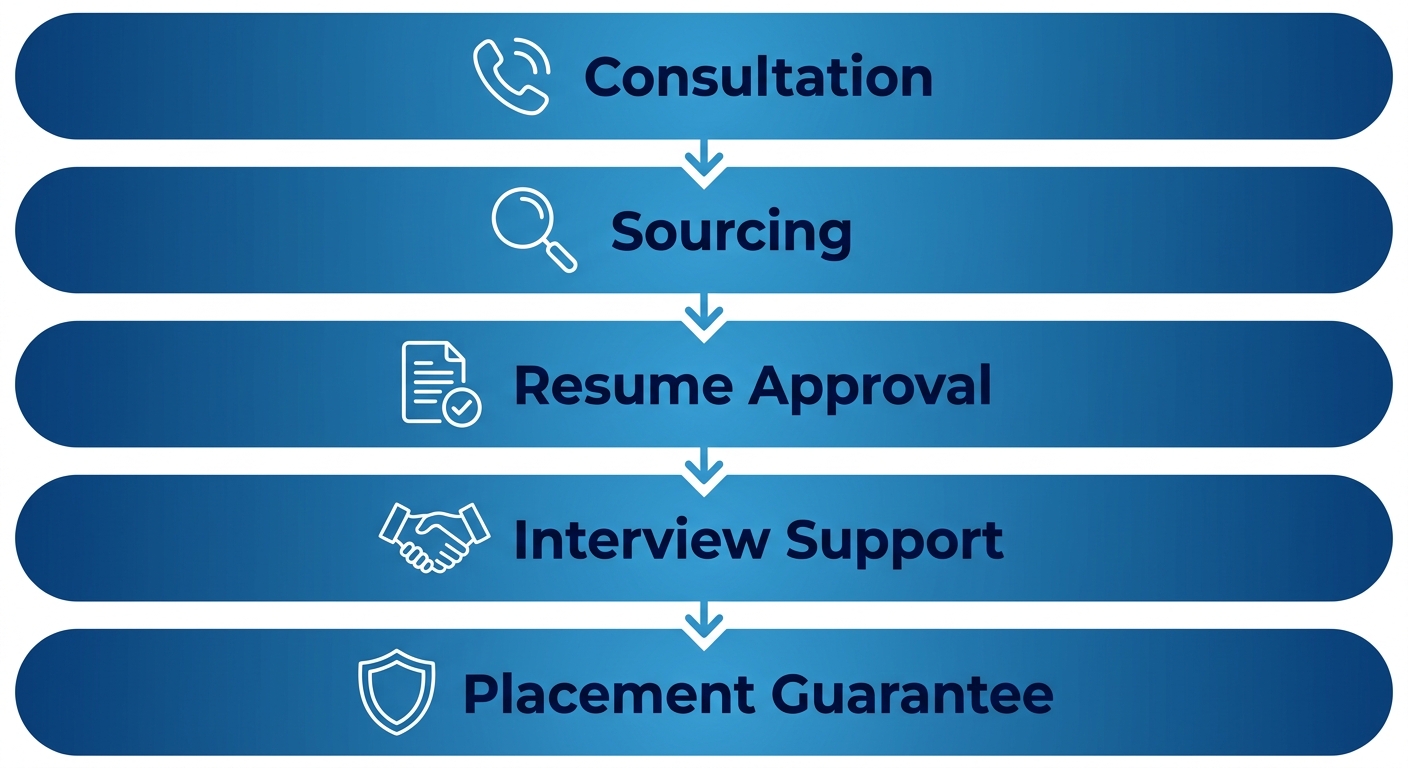 Vertical process flow showing five steps of Brisbane employer recruitment process: Consultation, Sourcing, Resume Approval, Interview Support, and Placement Guarantee, with downward arrows and blue gradient design.