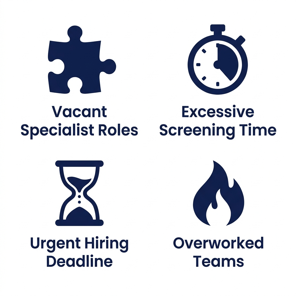 Four bold flat outline icons on white background: puzzle piece, stopwatch, hourglass, flame representing signs of recruitment need