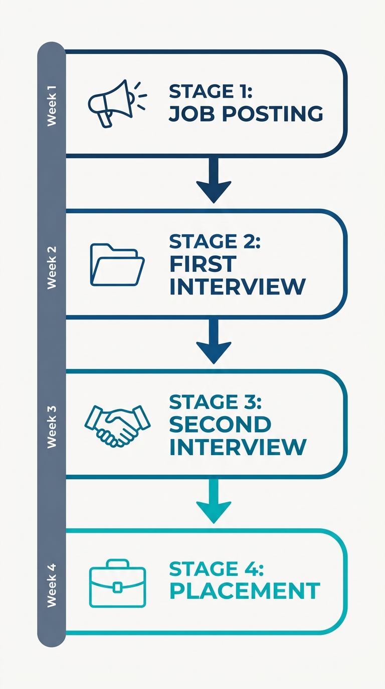 Vertical timeline of a 4-week Sydney recruitment process with four milestones: job posting, first interview, second interview, and placement, connected by arrows.